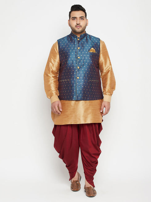 Vastramay Men's Plus Size Blue Zari Weaved Nehru Jacket With Curved Kurta Dhoti set
